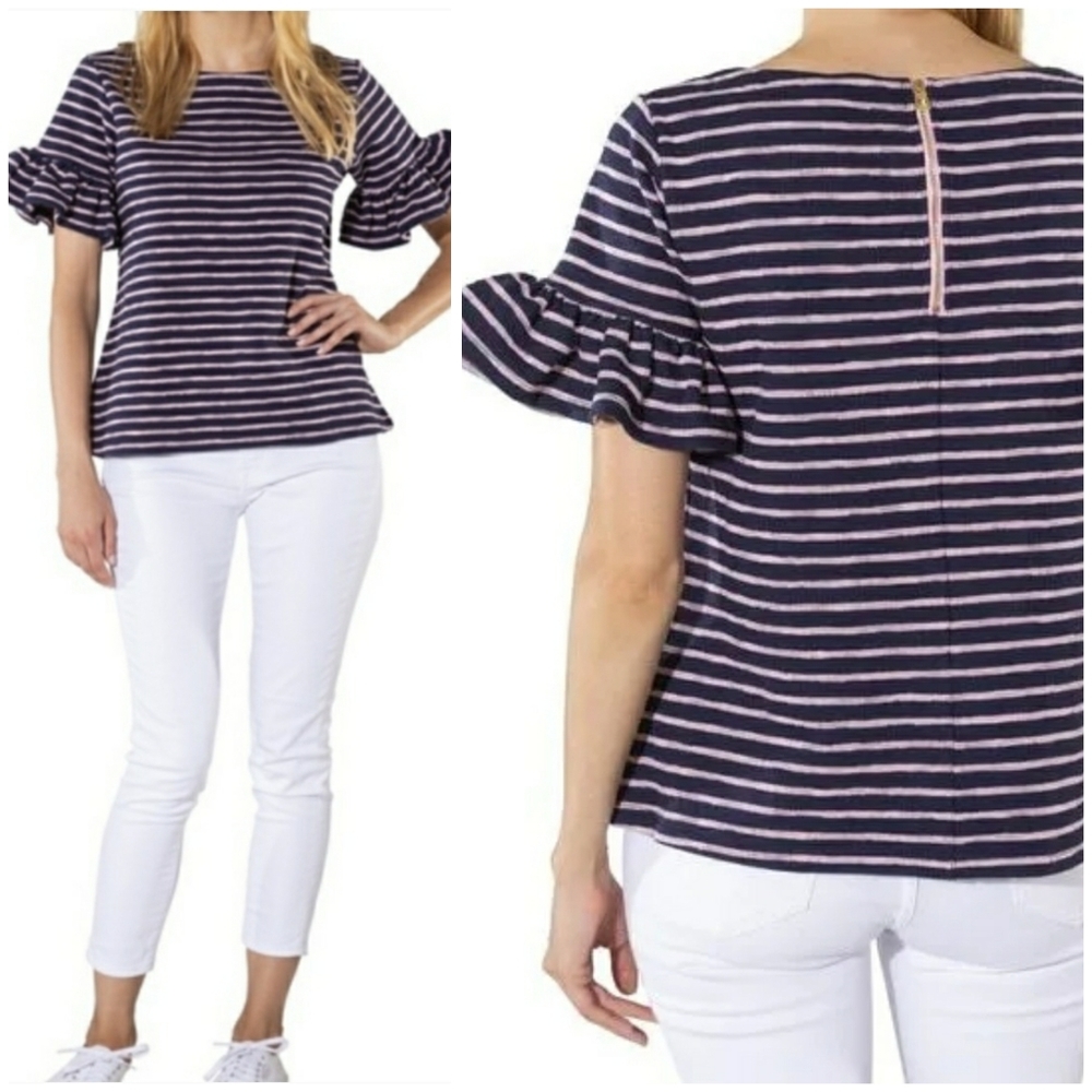 Sail to Sable Navy Blue Pink Stripe Ruffle Sleeve French Terry Blouse Medium - Picture 3 of 12